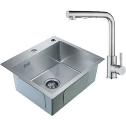 CECIPA Lavelli Da Cucina Trafilatura In Acciaio Inox 50 X 45 X 18.5 Cm, Senza Distributore Di Sapone + Rubinetto Da Cucina Tirabile In Acciaio Inossidabile