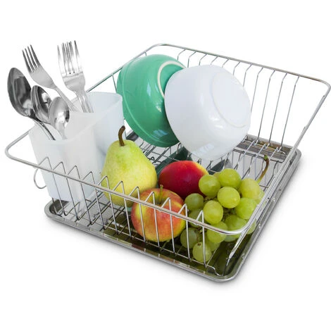 Relaxdays Scolapiatti, Con Porta-Posate, Sgocciolatoio, Vaschetta Raccogli Acqua Acciaio, HLP: 13x30,5x40,5 Cm, Argento 3 Relaxdays Scolapiatti, Con Porta-Posate, Sgocciolatoio, Vaschetta Raccogli Acqua Acciaio, HLP: 13x30,5x40,5 Cm, Argento - immagine 3