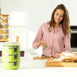 Relaxdays Porta Spezie Con 16 Barattoli In Vetro, Espositore Per Condimenti, HBT: 30 X 19,5 X 19,5 Cm, Legno Naturale -Wenko Negozio 10719985 3