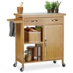 Relaxdays Carrello Da Cucina In Bambù E Legno, 4 Rotelle, Piano Di Lavoro In Marmo, HxLxP: 85,5 X 89,5 X 36 Cm, Naturale