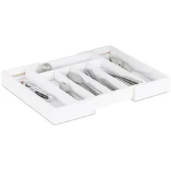 Relaxdays Portaposate Da Cassetto Estraibile Larghezza Variabile Da 5 A 7 Scomparti In Bambù HLP: 5,5x48,5x37cm Bianco