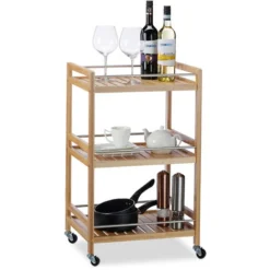 Relaxdays Carrellino Da Servizio In Bambù, 3 Ripiani, Design Naturale, Rotelle Girevoli A 360°, Carrello Da Cucina, HLP: 76x46x38, Marrone