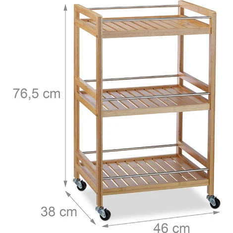 Relaxdays Carrellino Da Servizio In Bambù, 3 Ripiani, Design Naturale, Rotelle Girevoli A 360°, Carrello Da Cucina, HLP: 76x46x38, Marrone 4 Relaxdays Carrellino Da Servizio In Bambù, 3 Ripiani, Design Naturale, Rotelle Girevoli A 360°, Carrello Da Cucina, HLP: 76x46x38, Marrone - immagine 4