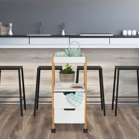 Relaxdays Carrellino Con Cassetti, Carrello Da Bar, Tavolino Mobile, Legno MDF, Bambù, HLP: 69x30x30 Cm, Bianco 2 Relaxdays Carrellino Con Cassetti, Carrello Da Bar, Tavolino Mobile, Legno MDF, Bambù, HLP: 69x30x30 Cm, Bianco - immagine 2