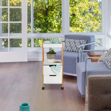 Relaxdays Carrellino Con Cassetti, Carrello Da Bar, Tavolino Mobile, Legno MDF, Bambù, HLP: 69x30x30 Cm, Bianco 3 Relaxdays Carrellino Con Cassetti, Carrello Da Bar, Tavolino Mobile, Legno MDF, Bambù, HLP: 69x30x30 Cm, Bianco - immagine 3