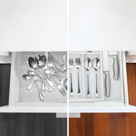 Relaxdays Portaposate Da Cassetto, Estraibile Larghezza Variabile, Da 5 A 7 Scomparti In Bambù HxLxP: 5x48x46 Cm, Bianco 5 Relaxdays Portaposate Da Cassetto, Estraibile Larghezza Variabile, Da 5 A 7 Scomparti In Bambù HxLxP: 5x48x46 Cm, Bianco - immagine 5