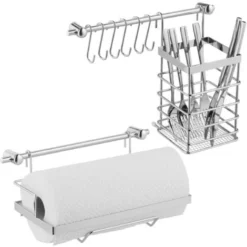 Relaxdays Set Portautensili Da Cucina, Effetto Acciaio Inox, Porta Rotoli, Scolapiatti, Asta Metallica, 6 Ganci, Argento