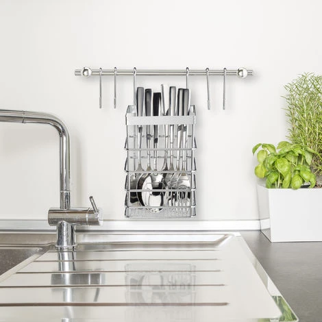 Relaxdays Set Portautensili Da Cucina, Effetto Acciaio Inox, Porta Rotoli, Scolapiatti, Asta Metallica, 6 Ganci, Argento 2 Relaxdays Set Portautensili Da Cucina, Effetto Acciaio Inox, Porta Rotoli, Scolapiatti, Asta Metallica, 6 Ganci, Argento - immagine 2