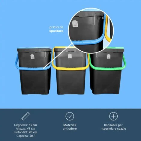 Set 3 Pattumiere Ecoplus 50Lt ECP50 Tris Bidoni Grandi Spazzatura Differenziata 5 Set 3 Pattumiere Ecoplus 50Lt ECP50 Tris Bidoni Grandi Spazzatura Differenziata - immagine 5