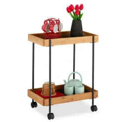 Relaxdays Carrello Da Cucina, Portavivande Con 2 Ripiani, Bambù & Ferro, 57 X 46 X 28 Cm, Nero/Naturale
