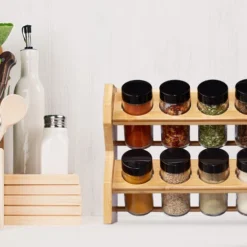 Relaxdays Portaspezie Legno, 8 Barattoli Vetro, Coperchio Forato & Chiusura Avvitata, Da Parete & Tavolo, Bambù,naturale -Wenko Negozio 17529313 3