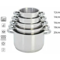 Set Pentole 5pz Induzione Batteria Casseruole Inox Triplo Fondo 12 A 20 Cm