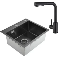 CECIPA Nero PVD Nano Lavello Da Cucina 50 X 45 X 18.5 Cm + Nero Rubinetto Da Cucina Tirabile In Acciaio Inossidabile