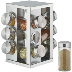 Relaxdays Portaspezie Girevole Con 12 Barattoli, Organizer Rotante A 360° Salvaspazio, In Acciaio, HxD 22x19 Cm, Argento