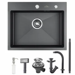 Auralum 55x45x18.5cm Lavello Cucina 1 Vasca In Acciaio Inox Nero/grigio Scuro Lavello Incasso Vasca Singola Con 2 Fori Di Montaggio Per Rubinetto E Distributore Di Sapone
