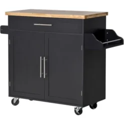 HOMCOM Carrello Da Cucina Con Cassetto, Portaspezie E Armadietto, 4 Ruote E Piano Di Lavoro In Legno, 109x40x89cm, Nero