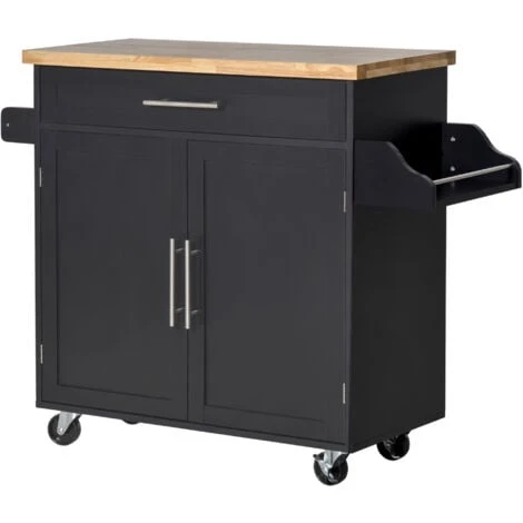 HOMCOM Carrello Da Cucina Con Cassetto, Portaspezie E Armadietto, 4 Ruote E Piano Di Lavoro In Legno, 109x40x89cm, Nero 1 HOMCOM Carrello Da Cucina Con Cassetto, Portaspezie E Armadietto, 4 Ruote E Piano Di Lavoro In Legno, 109x40x89cm, Nero