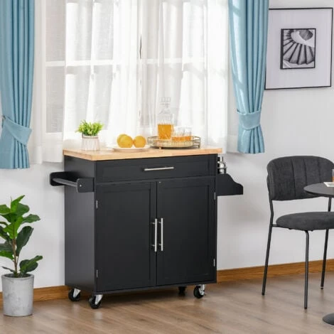 HOMCOM Carrello Da Cucina Con Cassetto, Portaspezie E Armadietto, 4 Ruote E Piano Di Lavoro In Legno, 109x40x89cm, Nero 2 HOMCOM Carrello Da Cucina Con Cassetto, Portaspezie E Armadietto, 4 Ruote E Piano Di Lavoro In Legno, 109x40x89cm, Nero - immagine 2