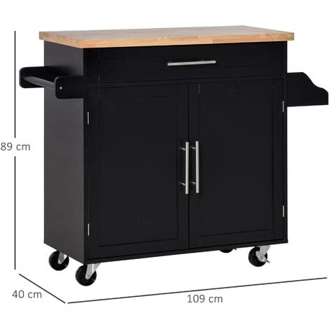 HOMCOM Carrello Da Cucina Con Cassetto, Portaspezie E Armadietto, 4 Ruote E Piano Di Lavoro In Legno, 109x40x89cm, Nero 3 HOMCOM Carrello Da Cucina Con Cassetto, Portaspezie E Armadietto, 4 Ruote E Piano Di Lavoro In Legno, 109x40x89cm, Nero - immagine 3