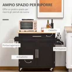 HOMCOM Carrello Da Cucina Con Cassetto, Portaspezie E Armadietto, 4 Ruote E Piano Di Lavoro In Legno, 109x40x89cm, Nero 8 HOMCOM Carrello Da Cucina Con Cassetto, Portaspezie E Armadietto, 4 Ruote E Piano Di Lavoro In Legno, 109x40x89cm, Nero -Wenko Negozio 35887377 4