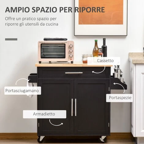 HOMCOM Carrello Da Cucina Con Cassetto, Portaspezie E Armadietto, 4 Ruote E Piano Di Lavoro In Legno, 109x40x89cm, Nero 4 HOMCOM Carrello Da Cucina Con Cassetto, Portaspezie E Armadietto, 4 Ruote E Piano Di Lavoro In Legno, 109x40x89cm, Nero - immagine 4