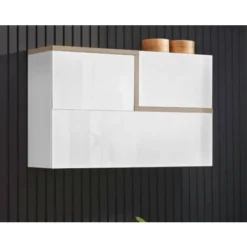 Dmora Pensile Da Parete, Made In Italy, A 3 Ante, Mobile Da Soggiorno Sospeso, Cm 100x30h63, Colore Bianco Lucido E Acero, Con Imballo Rinforzato