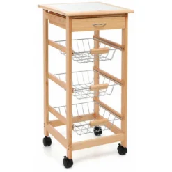 Carrello Cucina In Legno 3 Cestelli Acciaio Ripiano 9 Mattonelle Ceramica Beige