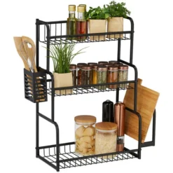 Relaxdays Scaffale Porta Spezie Da Tavolo, Organizer Per La Cucina Su 3 Livelli, Supporto Tagliere & Portaposate, Nero