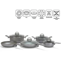 Set Batteria Di Pentole Padelle Coperchi Mestoli Antiaderente 12 Pezzi Sfiziosa Stone