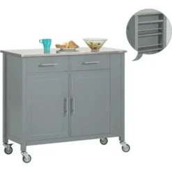 SoBuy Carrello Da Cucina Con Piano In Acciaio Inox Isola Da Cucina Con Ripiano Laterale Credenza Con Ruote Grigio, FKW108-HG