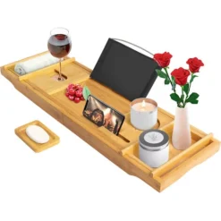 Todeco Vassoio Vasca Da Bagno, Ripiano In Vasca Da Bagno In Legno - Materiale: Bambù - Dimensione: 109 X 23 X 3,8 Cm - Dotato Di 2 Supporti Rimovibili E 1 Porta-Sapone, Panno Nero