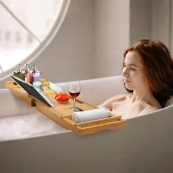 Todeco Vassoio Vasca Da Bagno, Ripiano In Vasca Da Bagno In Legno - Materiale: Bambù - Dimensione: 109 X 23 X 3,8 Cm - Dotato Di 2 Supporti Rimovibili E 1 Porta-Sapone, Panno Nero -Wenko Negozio 54376749 5