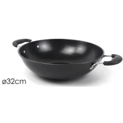 Padella Wok 32 Cm Antiaderente Acciaio Carbonio Con Manici Cucina Orientale