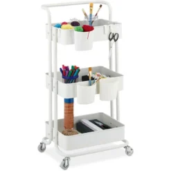 Relaxdays Carrello Da Cucina Con Ruote, 3 Ripiani, 2 Freni, Portaoggetti Per Bagno E Ufficio, HxLxP 86x38x39 Cm, Bianco