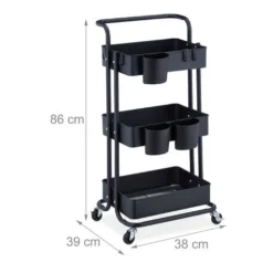 Relaxdays Carrello Da Cucina Con Ruote, 3 Ripiani, 2 Freni, Portaoggetti Per Bagno E Ufficio, HxLxP 86x38x39 Cm, Nero -Wenko Negozio 56842218 4