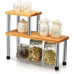 Giantex Mensola Per Condimenti, Mensole D'Angolo Per Cucina, Portaoggetti A 2 Piani, Scaffale Per Spezie, Ripiani Rimovibili, In Bambù E Acciaio, Naturale