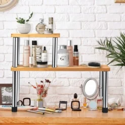 Giantex Mensola Per Condimenti, Mensole D'Angolo Per Cucina, Portaoggetti A 2 Piani, Scaffale Per Spezie, Ripiani Rimovibili, In Bambù E Acciaio, Naturale -Wenko Negozio 58840338 4