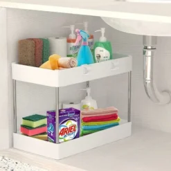 Organizer Sotto Lavello, Organizer Per Riporre Sotto Lavello A 2 Livelli, Portaoggetti Da Bagno, Cestini Estraibili Per La Raccolta Del Bagno Con Ganci, Ripiano Multiuso Per La Cucina Del Bagno, Bianc