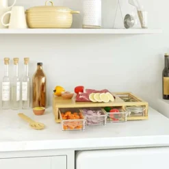 Homfa Tagliere In Bambù Naturale, Tagliere Spesso Con 4 Cassetti Estraibili In Plastica ABS, Set Da Cucina, 44x31x8cm -Wenko Negozio 64567504 4