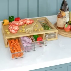 Homfa Tagliere In Bambù Naturale, Tagliere Spesso Con 4 Cassetti Estraibili In Plastica ABS, Set Da Cucina, 44x31x8cm -Wenko Negozio 64567504 5