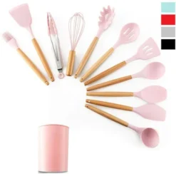 Utensili Cucina Silicone Set 11pz Mestoli Manico Legno Appendibili Antiaderenti