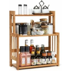 RELAX4LIFE Portaspezie Da Tavolo Con 3 Ripiani In Bambù, Scaffale Salvaspazio Per Spezie Da Cucina, Organizer E Contenitore Con Grande Capacità E Altezza Regolabile, 41 X 18 X 50 Cm, Legno Naturale