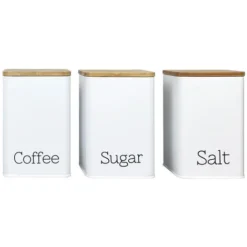 Contenitori Latta Bianchi Cucina Contenitore Certificato Alimenti Barattoli Coperchio In Bamboo Organizer Caffè,Sale,Zucchero Tris Caffe/Zucchero/Sale