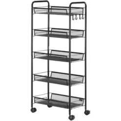 HOMCOM Carrello Da Cucina Salvaspazio A 5 Livelli Con Cestini A Rete In Acciaio, 45x26.5x106cm, Nero