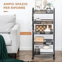 HOMCOM Carrello Da Cucina Salvaspazio A 5 Livelli Con Cestini A Rete In Acciaio, 45x26.5x106cm, Nero 8 HOMCOM Carrello Da Cucina Salvaspazio A 5 Livelli Con Cestini A Rete In Acciaio, 45x26.5x106cm, Nero -Wenko Negozio 70326002 4