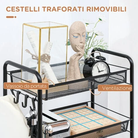HOMCOM Carrello Da Cucina Salvaspazio A 5 Livelli Con Cestini A Rete In Acciaio, 45x26.5x106cm, Nero 5 HOMCOM Carrello Da Cucina Salvaspazio A 5 Livelli Con Cestini A Rete In Acciaio, 45x26.5x106cm, Nero - immagine 5