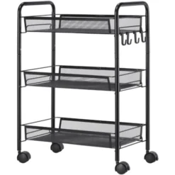 HOMCOM Carrello Da Cucina A 3 Livelli Con Cesti Removibili E 4 Ruote, In Acciaio E Plastica PP, 41.5Lx26.5x63 Cm, Nero