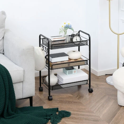 HOMCOM Carrello Da Cucina A 3 Livelli Con Cesti Removibili E 4 Ruote, In Acciaio E Plastica PP, 41.5Lx26.5x63 Cm, Nero 2 HOMCOM Carrello Da Cucina A 3 Livelli Con Cesti Removibili E 4 Ruote, In Acciaio E Plastica PP, 41.5Lx26.5x63 Cm, Nero - immagine 2