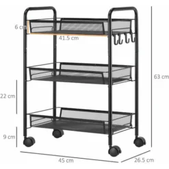 HOMCOM Carrello Da Cucina A 3 Livelli Con Cesti Removibili E 4 Ruote, In Acciaio E Plastica PP, 41.5Lx26.5x63 Cm, Nero 7 HOMCOM Carrello Da Cucina A 3 Livelli Con Cesti Removibili E 4 Ruote, In Acciaio E Plastica PP, 41.5Lx26.5x63 Cm, Nero -Wenko Negozio 70326116 3