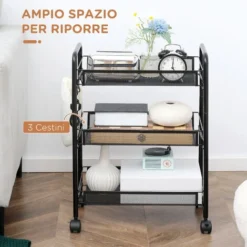 HOMCOM Carrello Da Cucina A 3 Livelli Con Cesti Removibili E 4 Ruote, In Acciaio E Plastica PP, 41.5Lx26.5x63 Cm, Nero 8 HOMCOM Carrello Da Cucina A 3 Livelli Con Cesti Removibili E 4 Ruote, In Acciaio E Plastica PP, 41.5Lx26.5x63 Cm, Nero -Wenko Negozio 70326116 4